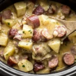 Creamy Slow Cooker Kielbasa and Potatoes with sliced sausage and tender diced potatoes in a rich sauce inside a crockpot.