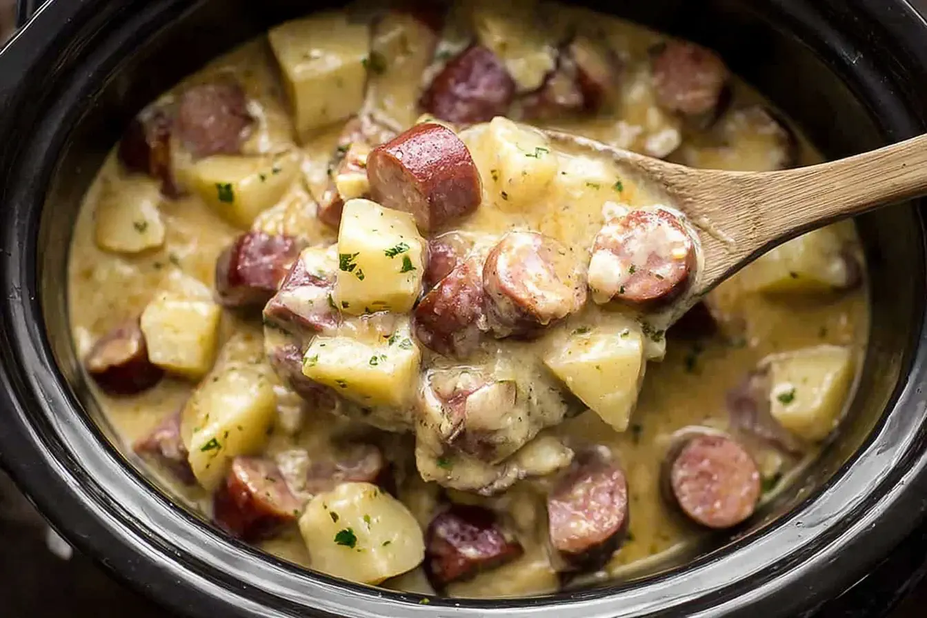 Creamy Slow Cooker Kielbasa and Potatoes with sliced sausage and tender diced potatoes in a rich sauce inside a crockpot.