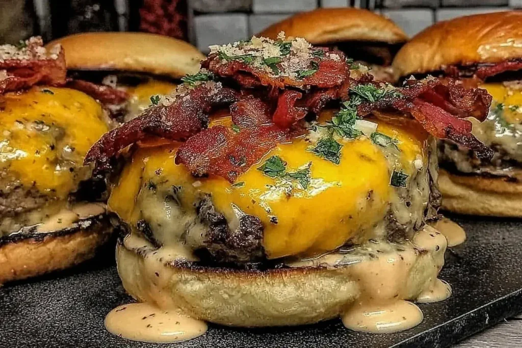 Crack Burgers loaded with melted cheddar, crispy bacon, and creamy sauce on toasted buns.