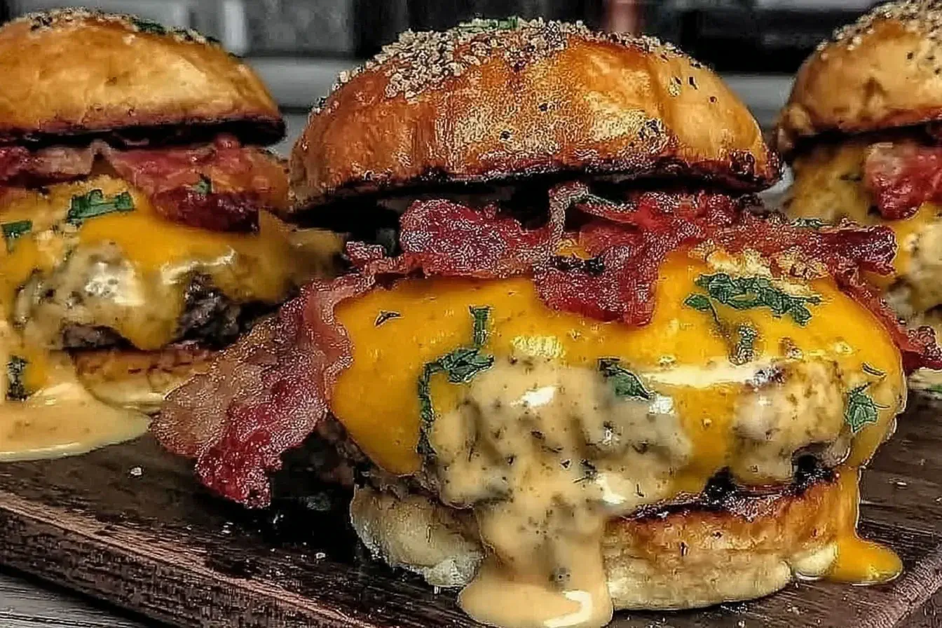 Juicy Crack Burgers topped with melted cheddar, crispy bacon, and creamy sauce on toasted buns.