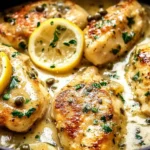 Crockpot Chicken Piccata cooking in a creamy lemon butter sauce with capers and fresh herbs, showing golden seared chicken breasts finished in the slow cooker.