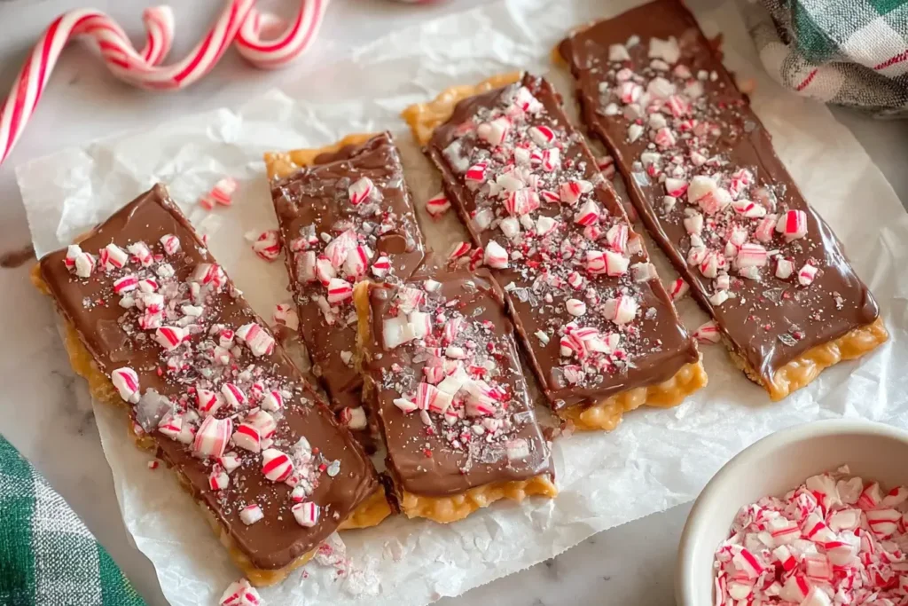 Gluten Free Christmas Crack bars topped with melted chocolate and crushed candy canes.