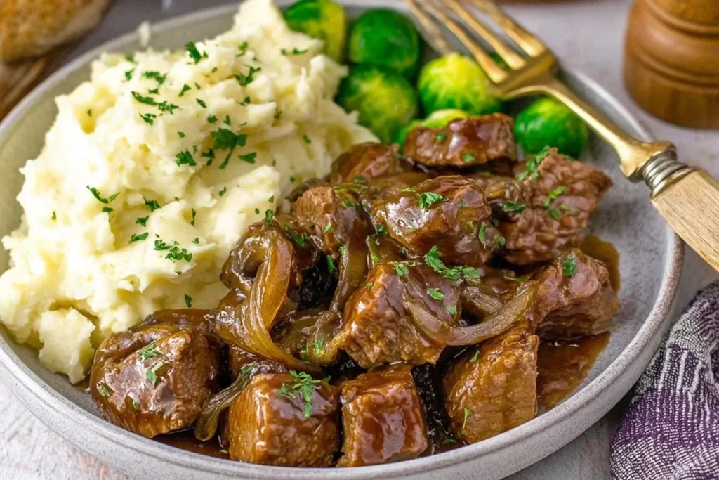 Slow Cooker Steak Bites served with creamy mashed potatoes and tender vegetables, topped with rich gravy and fresh herbs