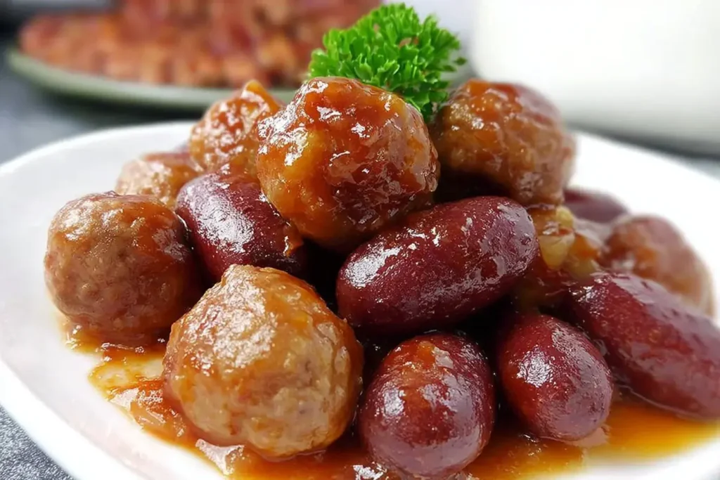 Crockpot Meatballs and Little Smokies served on a plate, coated in a glossy sweet barbecue sauce, perfect for easy party appetizers