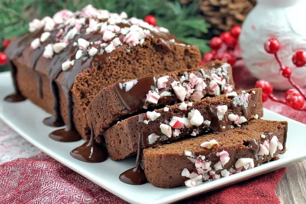 Peppermint Mocha Bread sliced and drizzled with chocolate, topped with crushed peppermint candies on a festive serving platter