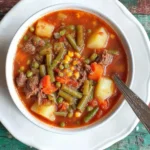Old-Fashioned Vegetable Beef Soup in a white bowl with tender beef, vegetables, and potatoes on a rustic wooden table