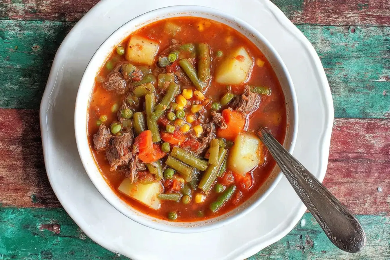 Old-Fashioned Vegetable Beef Soup in a white bowl with tender beef, vegetables, and potatoes on a rustic wooden table