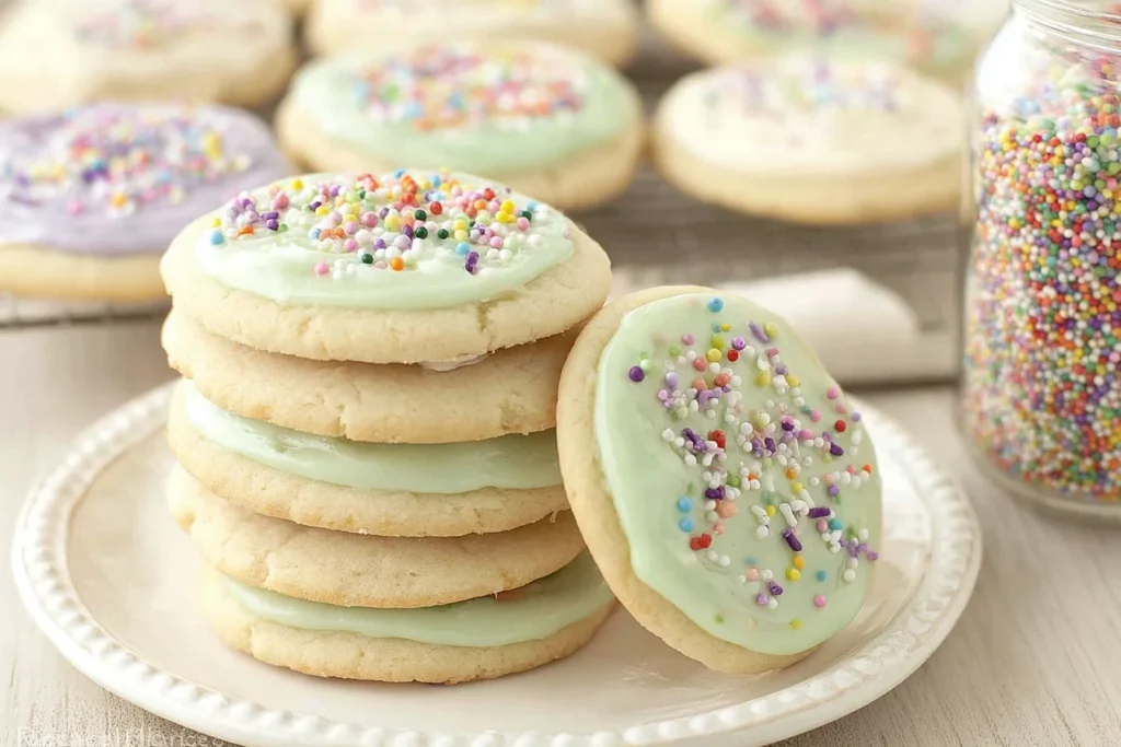 Stacked Vegan Gluten-Free Sugar Cookies with pastel green icing and colorful sprinkles on a plate