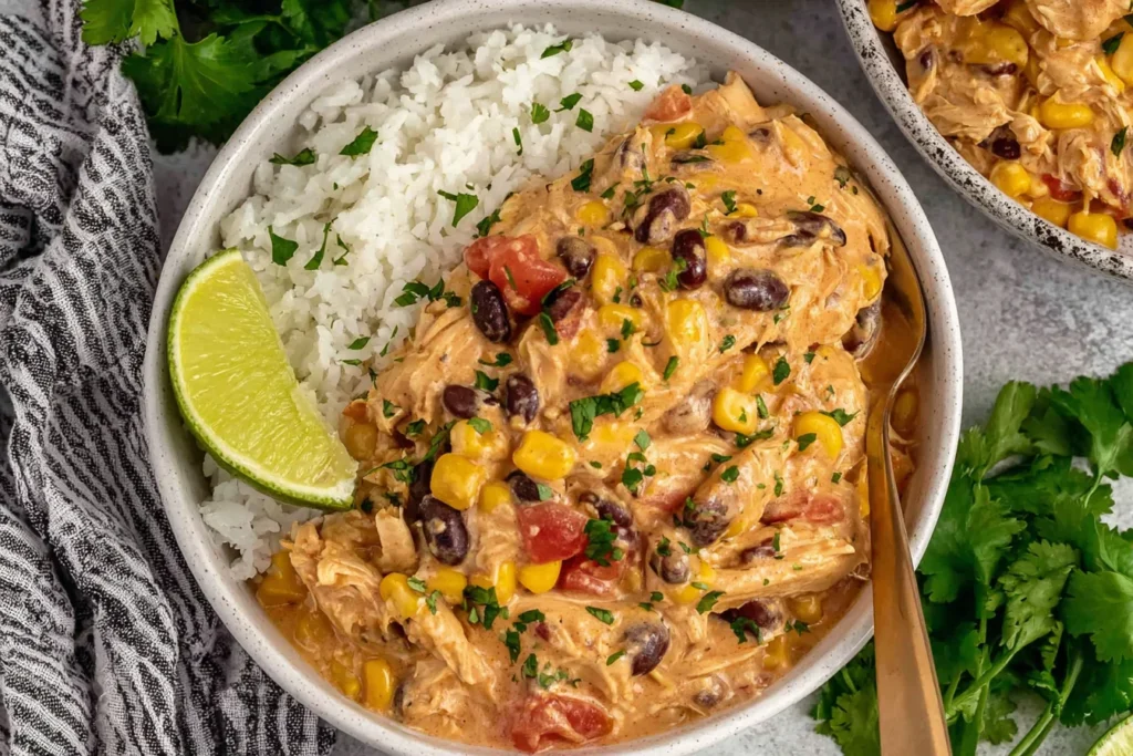 Bowl of creamy Crock Pot Fiesta Chicken served over white rice with black beans, corn, tomatoes, and fresh cilantro