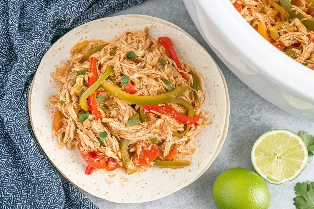 Crockpot Chicken Fajita served on a flour tortilla with shredded chicken, bell peppers, and fresh lime on the side.