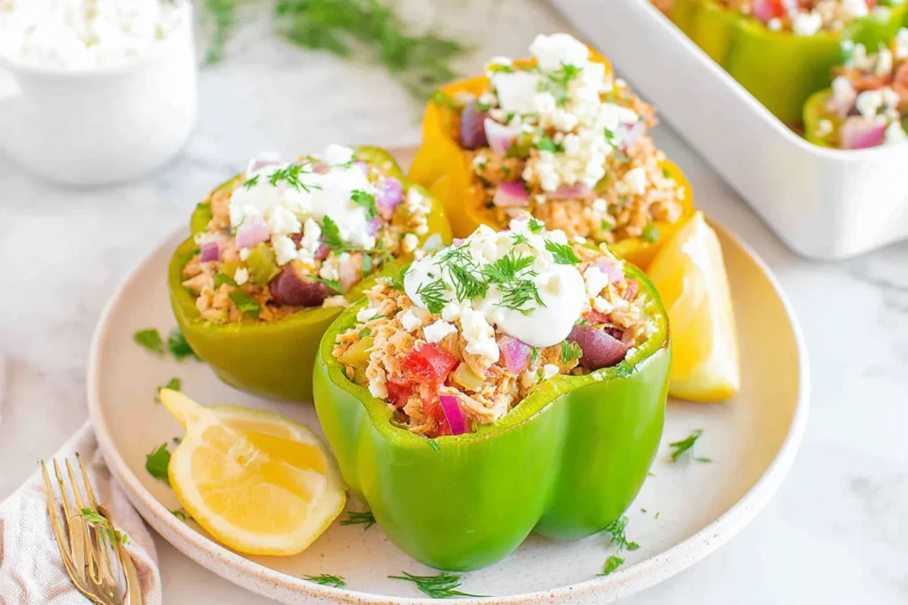 Greek Chicken Stuffed Peppers topped with feta and fresh dill, served with lemon wedges on a white plate.