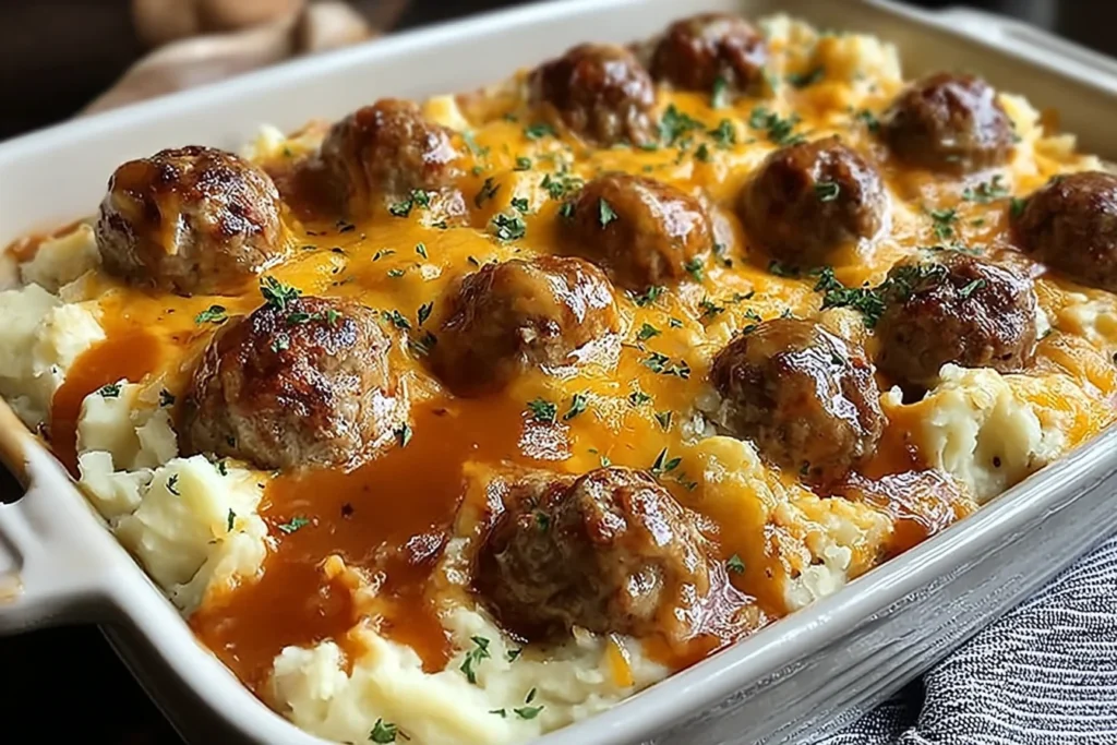 Meatball and Mashed Potato Bake in a white baking dish with creamy mashed potatoes, fully cooked meatballs, rich brown gravy, melted cheese, and parsley.