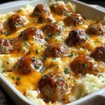 Meatball and Mashed Potato Bake in a white casserole dish topped with brown gravy, melted cheddar cheese, and parsley.