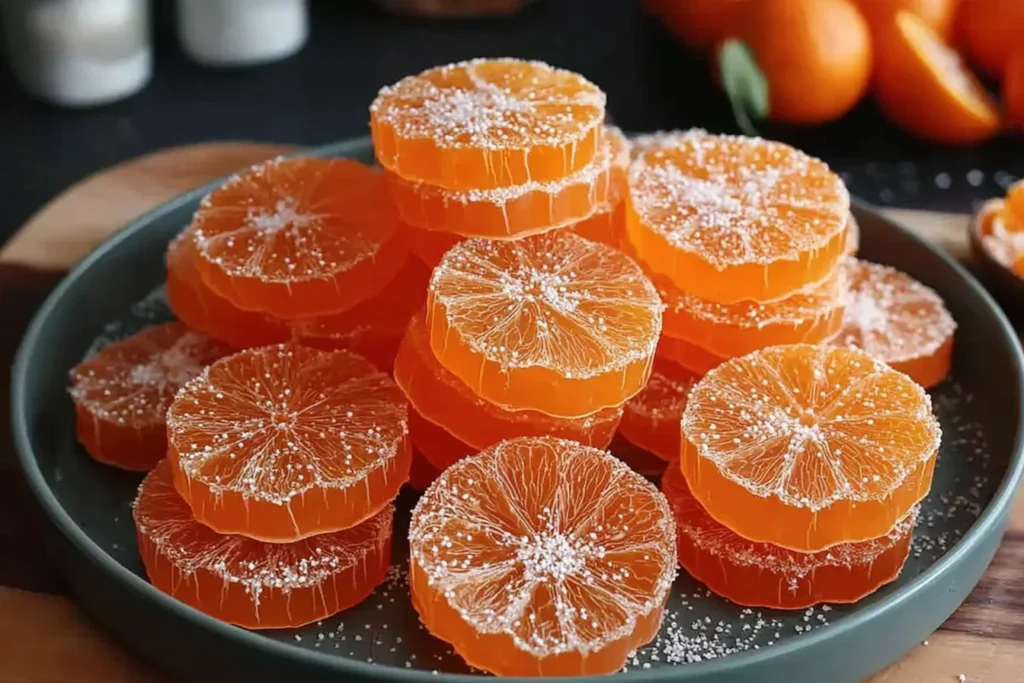 Classic Homemade Orange Candy Recipe orange slices piled on a plate, translucent and glossy with a sparkling sugar coating.