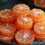 Classic Homemade Orange Candy Recipe slices stacked on a dark plate, glossy and translucent with a light sugar dusting.