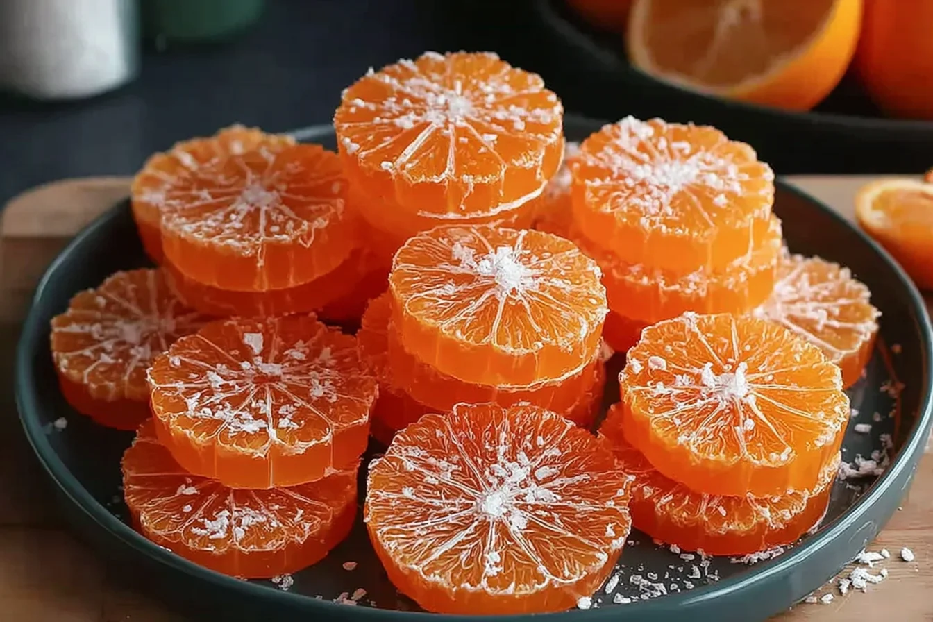 Classic Homemade Orange Candy Recipe slices stacked on a dark plate, glossy and translucent with a light sugar dusting.