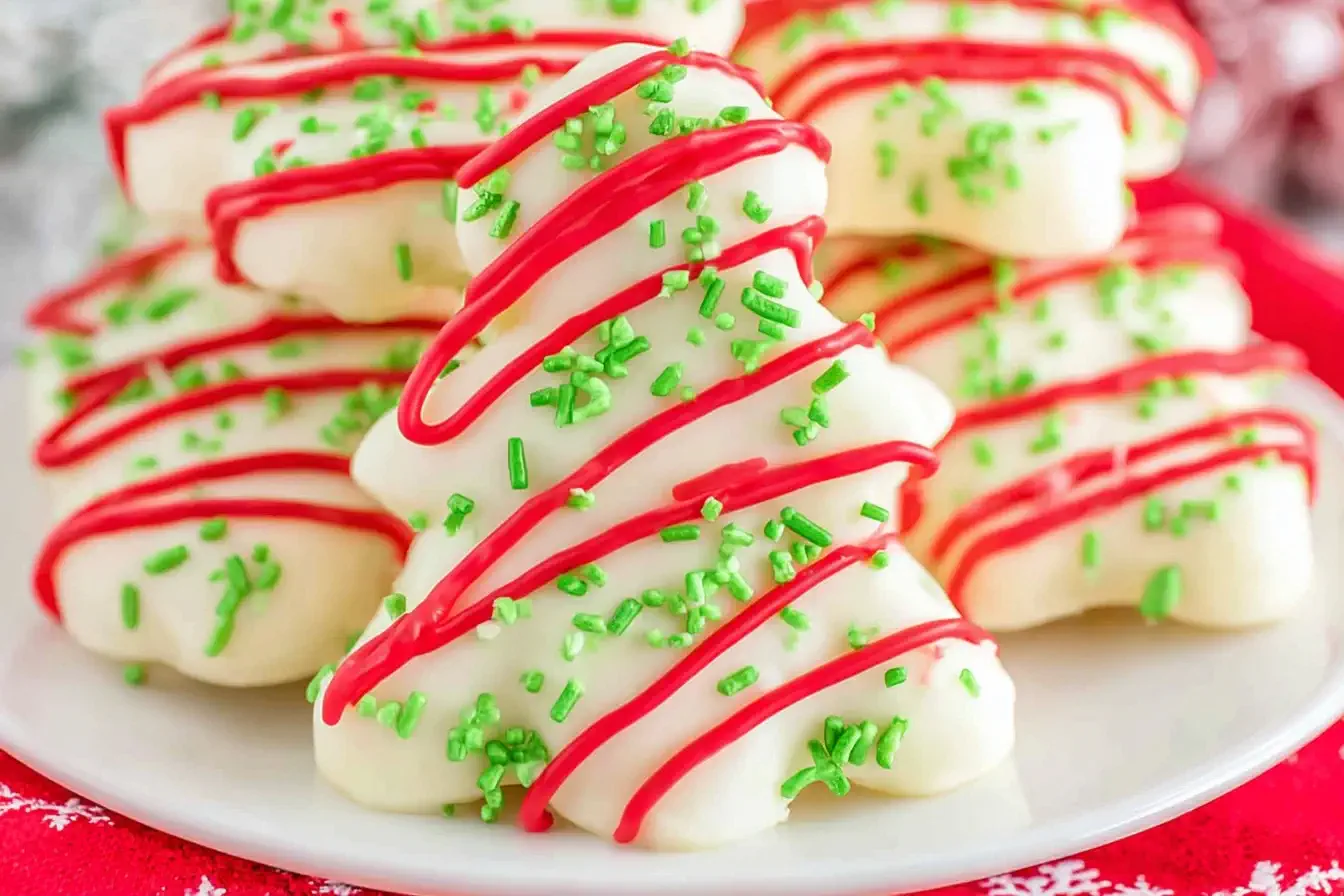 Homemade Christmas Tree Cakes coated in white chocolate with red drizzle and green sprinkles on a festive holiday plate.