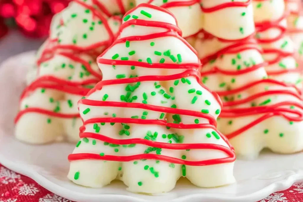 Close-up of homemade Christmas Tree Cakes coated in white chocolate and decorated with red drizzle and green sprinkles for a festive holiday dessert.
