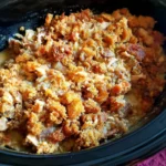 Slow Cooker CrockPot Chicken and Stuffing cooked until tender with golden, savory stuffing in a cozy slow cooker