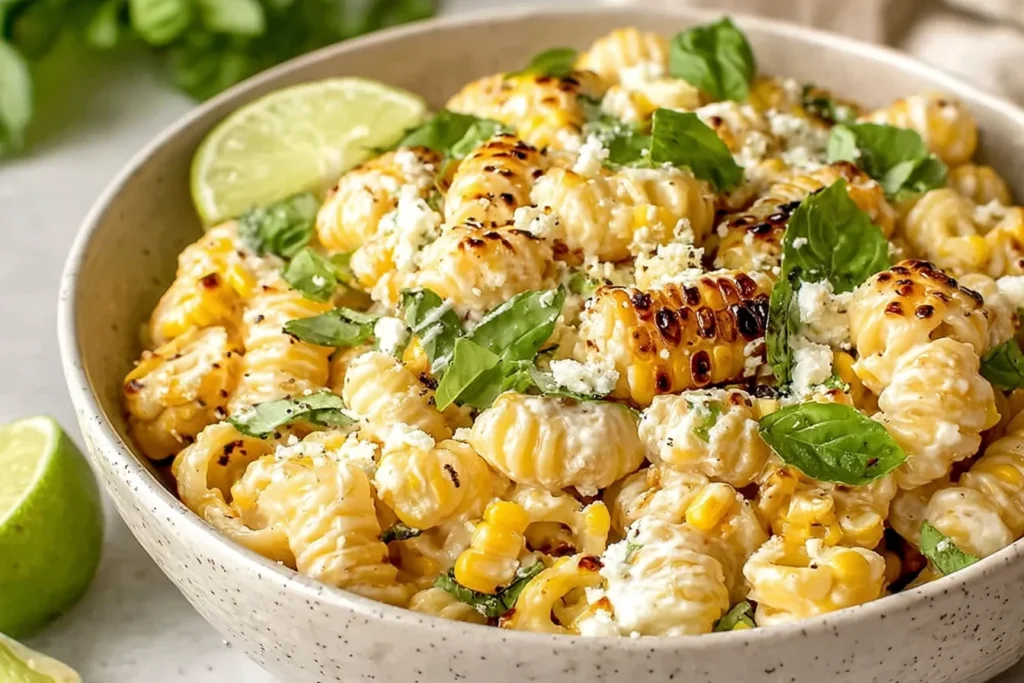 Creamy Street Corn Pasta Salad made with tender pasta, charred corn, fresh basil, and crumbled cotija cheese in a rich, creamy sauce.