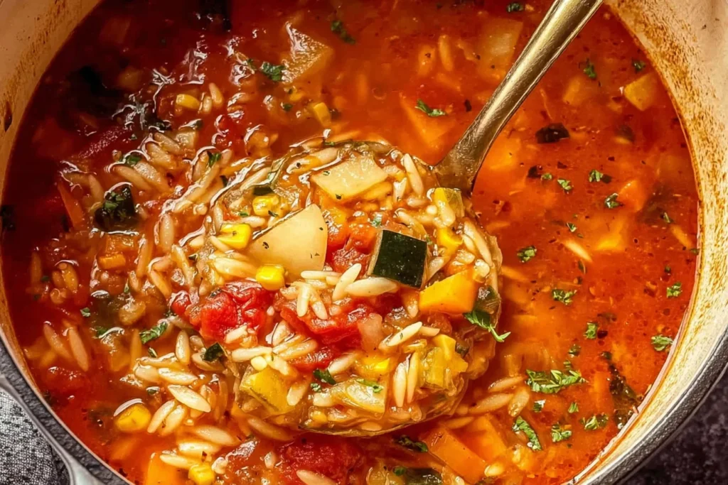 Vegetable Orzo Soup simmering in a pot with tender orzo pasta, colorful vegetables, and rich tomato broth, served with a ladle