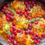 Crockpot Cranberry Apricot Chicken simmering with fresh cranberries and tender chicken thighs in a slow cooker
