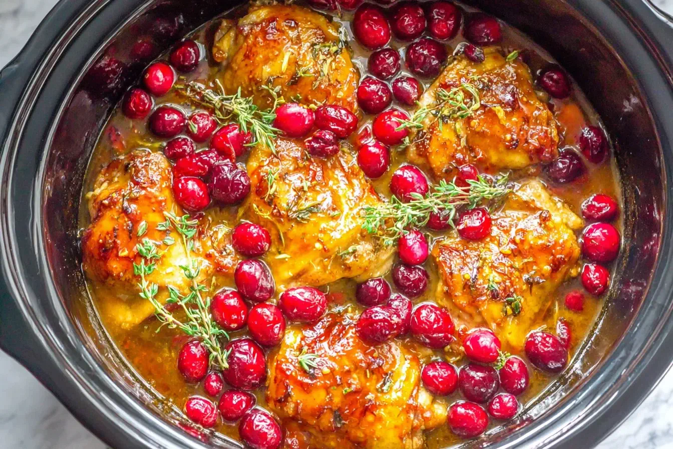 Crockpot Cranberry Apricot Chicken simmering with fresh cranberries and tender chicken thighs in a slow cooker