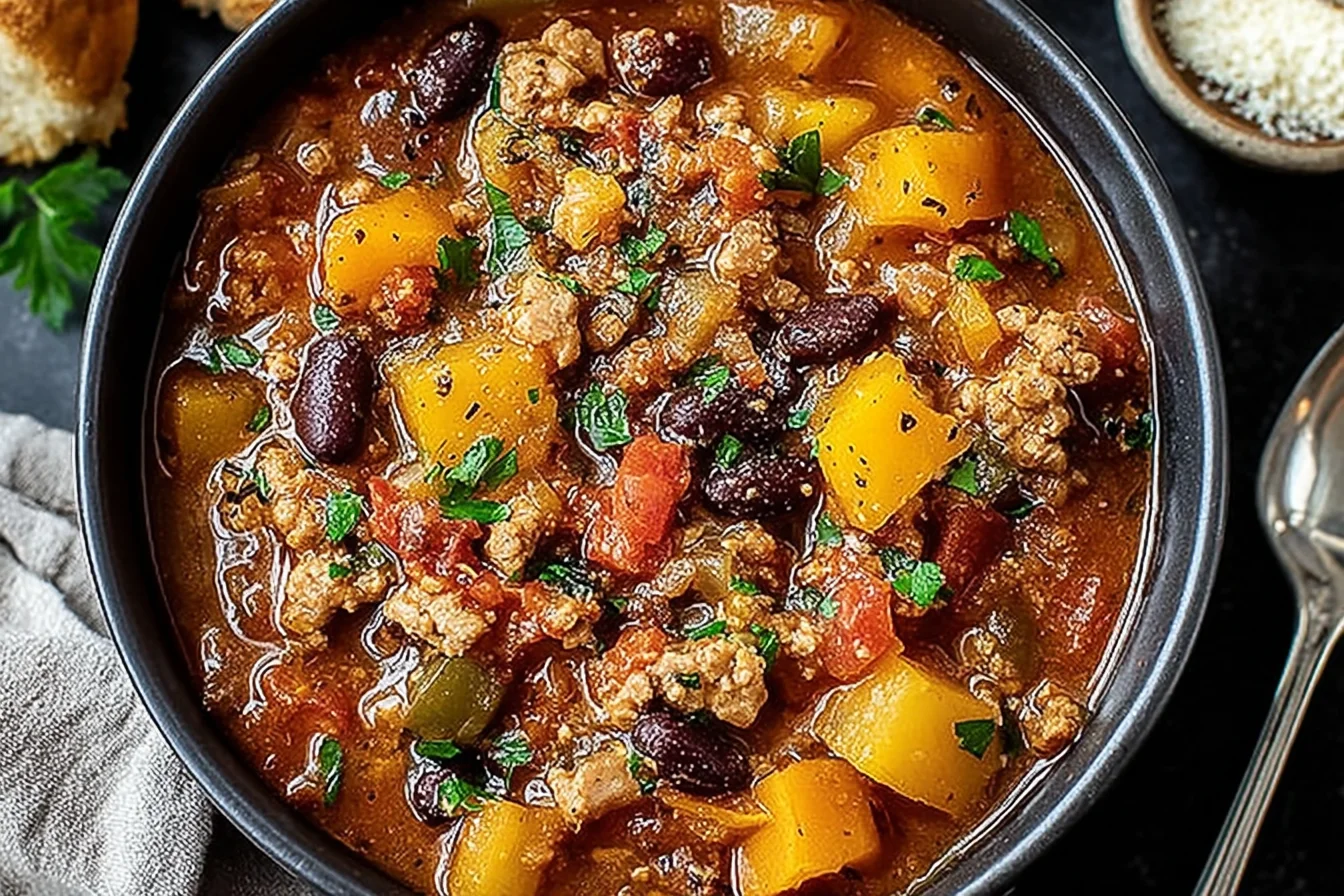 Crock Pot Shipwreck Stew with ground beef, potatoes, kidney beans, and vegetables simmered in a rich tomato broth, served hot in a black bowl.