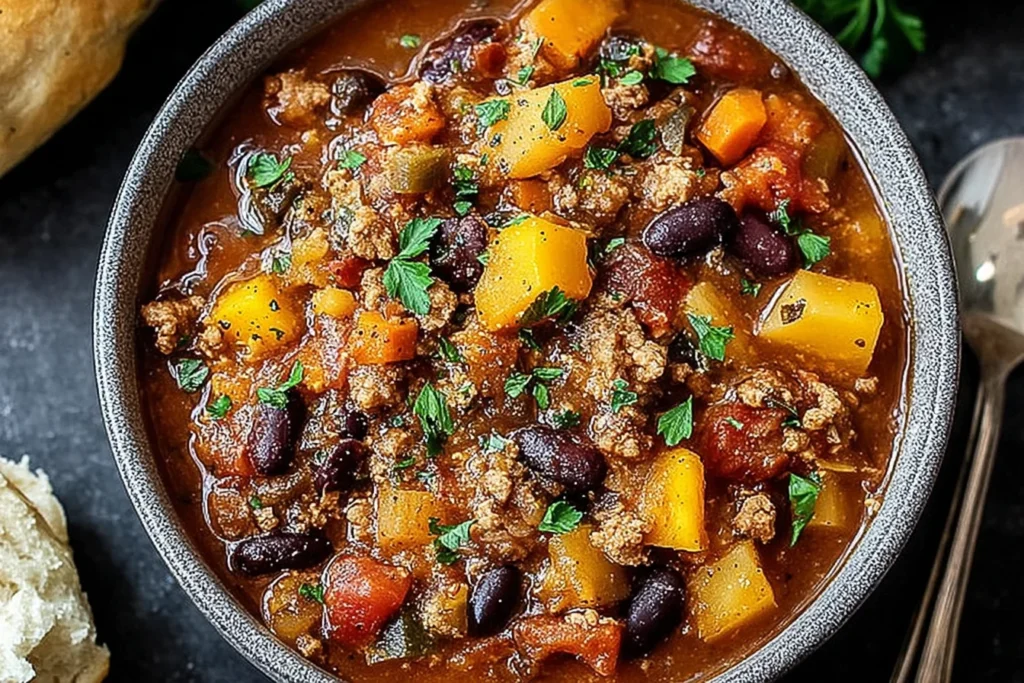 Crock Pot Shipwreck Stew made with ground beef, tender potatoes, kidney beans, and vegetables simmered in a rich tomato-based broth, garnished with fresh herbs.