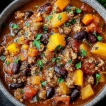 Crock Pot Shipwreck Stew made with ground beef, tender potatoes, kidney beans, and vegetables simmered in a rich tomato-based broth, garnished with fresh herbs.