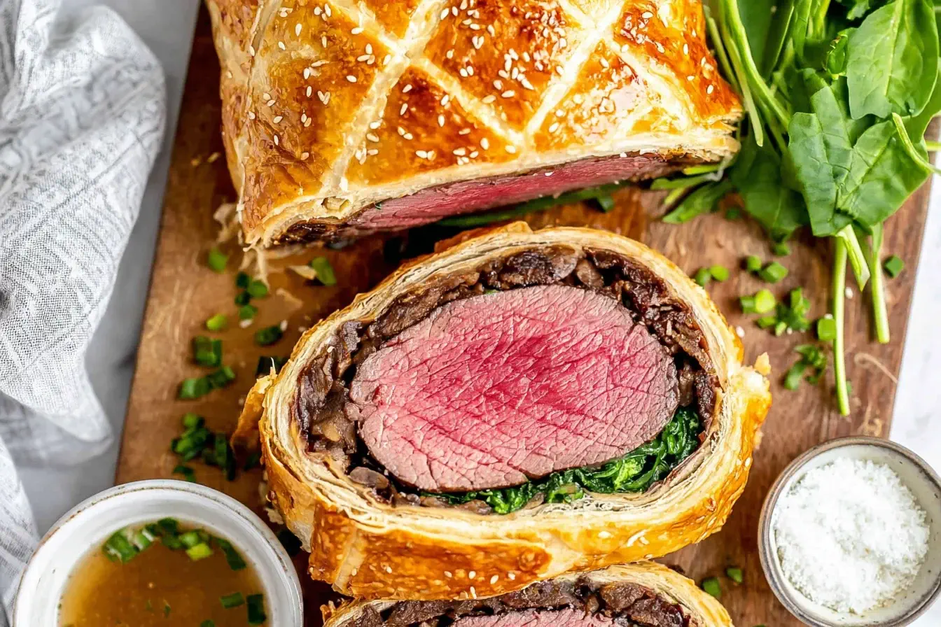 Sliced Beef Wellington with golden puff pastry, tender medium-rare beef, mushroom duxelles, and fresh herbs on a wooden board.