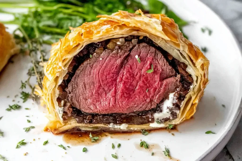 Slice of Beef Wellington with medium-rare beef, flaky puff pastry, and mushroom duxelles on a white plate with fresh herbs.