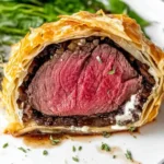 Slice of Beef Wellington with medium-rare beef, flaky puff pastry, and mushroom duxelles on a white plate with fresh herbs.