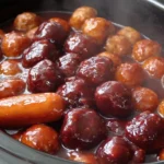 Crockpot Meatballs and Little Smokies simmering in a slow cooker with a glossy sweet barbecue sauce, perfect for parties and easy appetizers