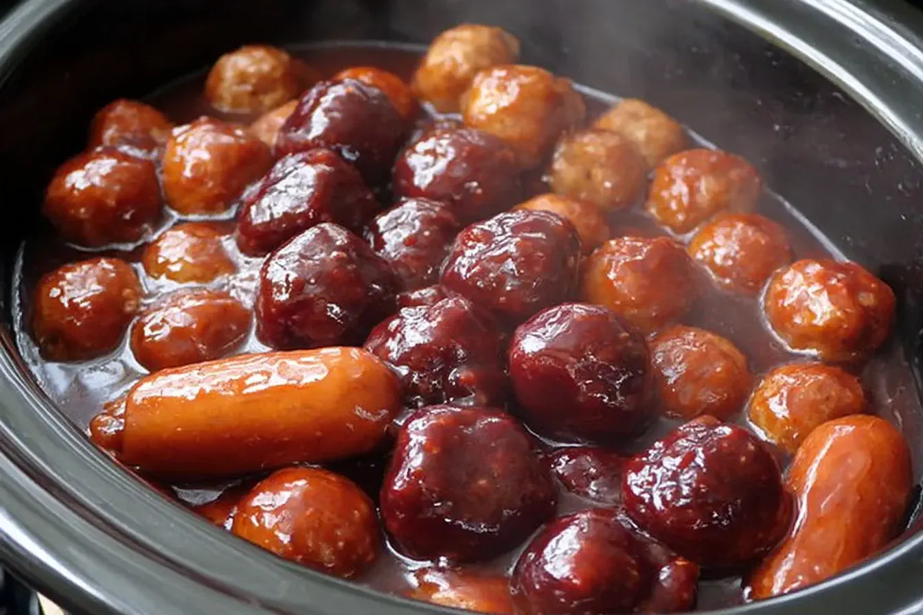 Crockpot Meatballs and Little Smokies simmering in a slow cooker with a glossy sweet barbecue sauce, perfect for parties and easy appetizers