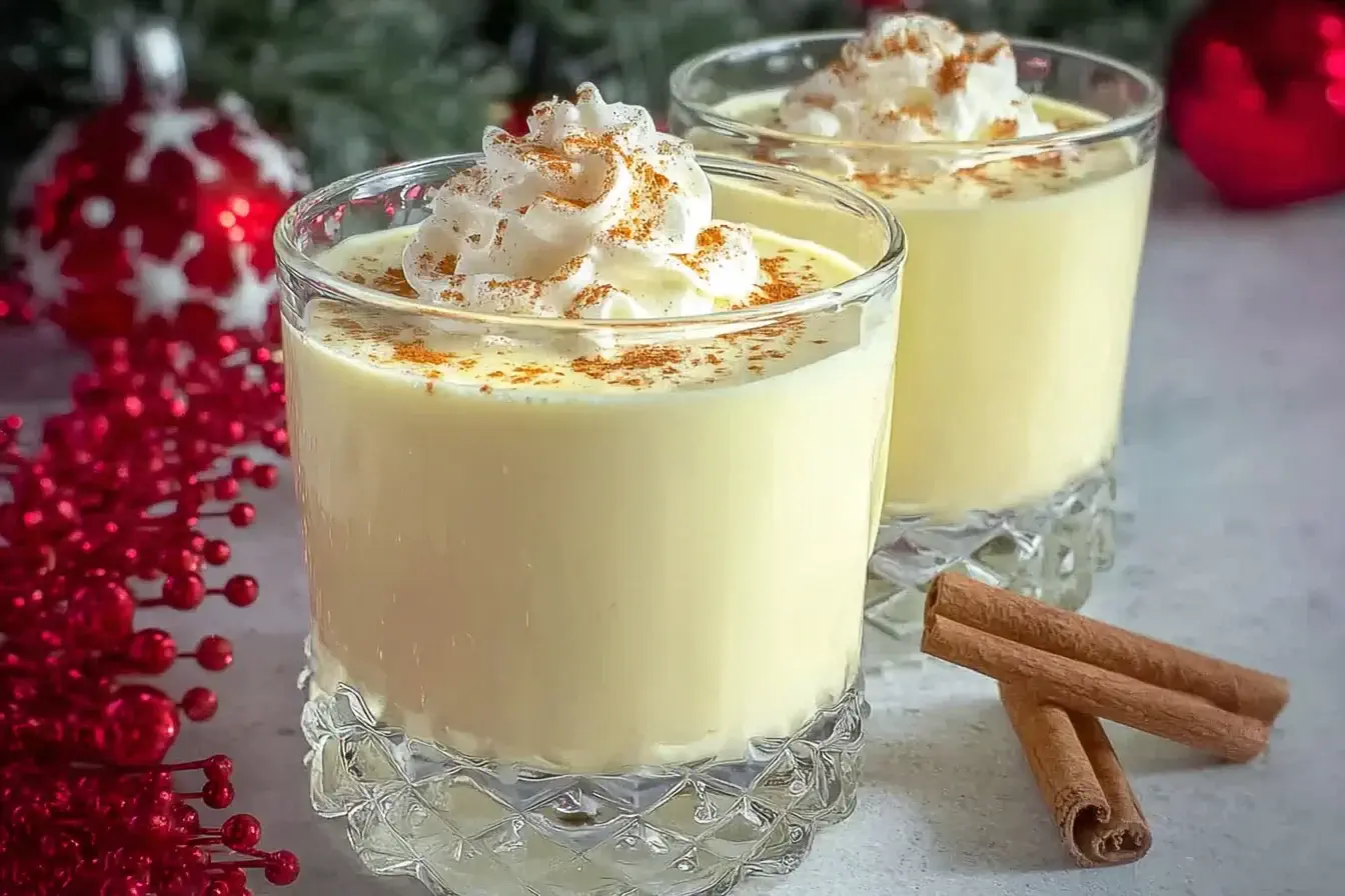 Creamy Homemade Eggnog served in festive glasses topped with whipped cream and cinnamon.