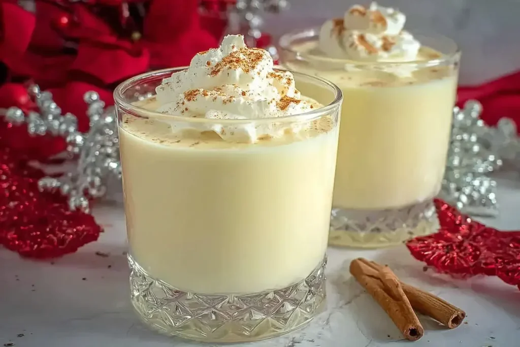 Creamy Homemade Eggnog in festive glasses topped with whipped cream and cinnamon.