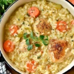 Creamy One Pot Chicken and Rice with tender chicken, carrots, and herbs cooked together in a cozy homemade broth.