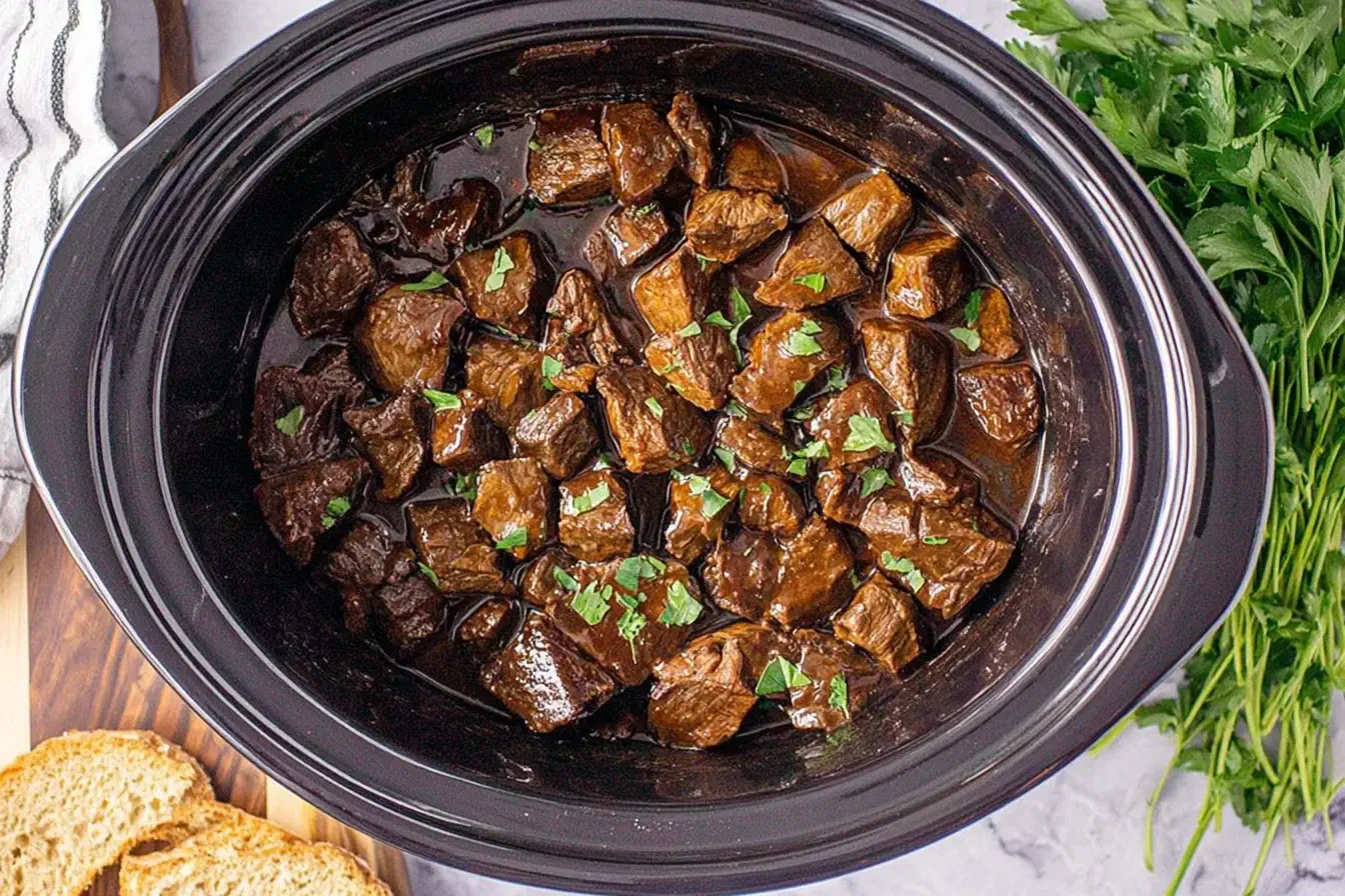 Slow Cooker Steak Bites cooked in rich gravy inside a slow cooker, garnished with fresh parsley and served warm