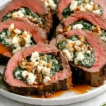 Christmas Stuffed Beef Tenderloin sliced and filled with spinach, cheese, and herbs on a platter with rosemary.