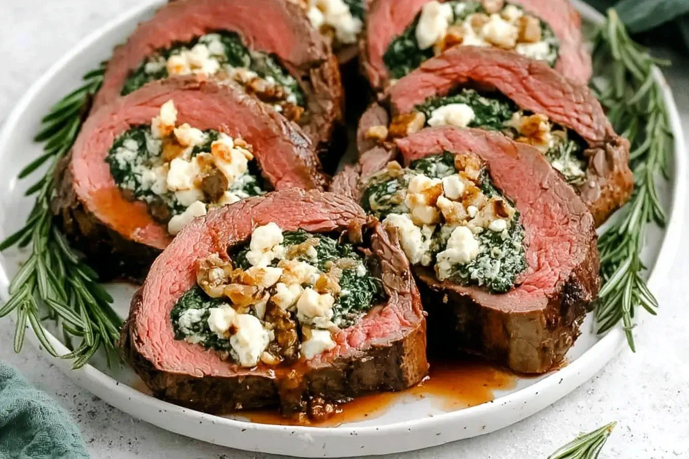 Christmas Stuffed Beef Tenderloin sliced and filled with spinach, cheese, and herbs on a platter with rosemary.