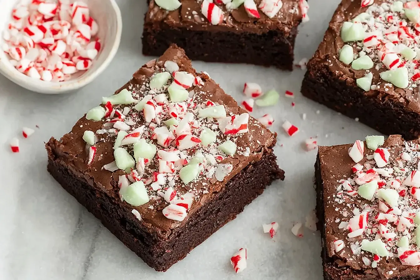 Peppermint Brownies with chocolate frosting and crushed candy cane topping.