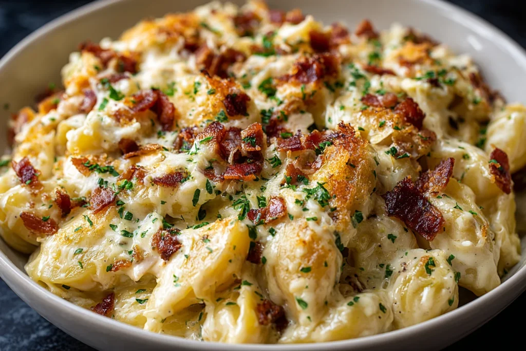 Crazy Good Casserole served warm with creamy chicken, tender egg noodles, melted cheddar cheese, and crispy bacon in a rustic bowl