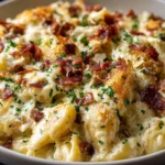 Crazy Good Casserole served warm with creamy chicken, tender egg noodles, melted cheddar cheese, and crispy bacon in a rustic bowl