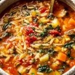 Vegetable Orzo Soup served in a rustic bowl with tender orzo pasta, colorful vegetables, fresh herbs, and a rich tomato-based broth