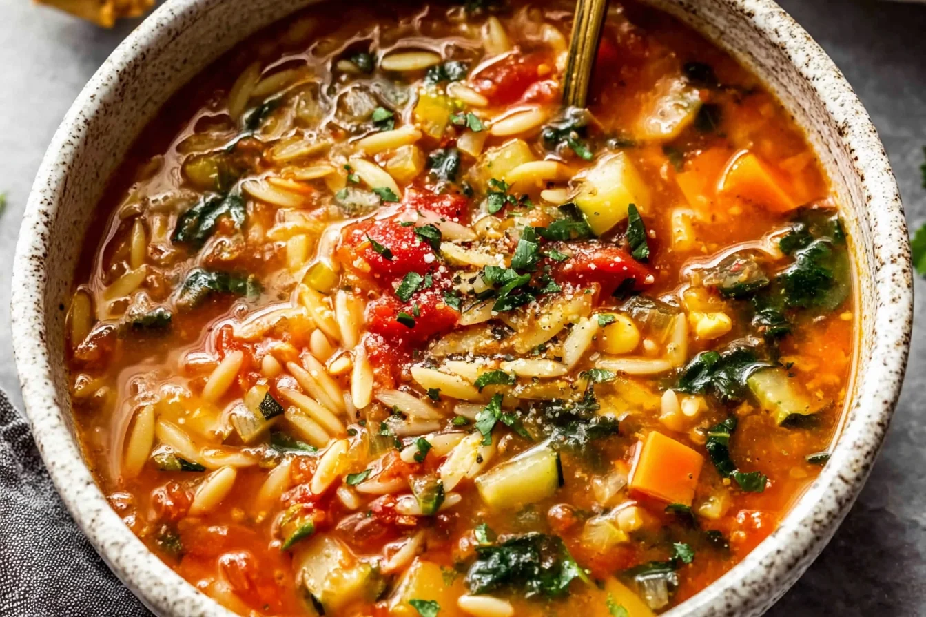 Vegetable Orzo Soup served in a rustic bowl with tender orzo pasta, colorful vegetables, fresh herbs, and a rich tomato-based broth