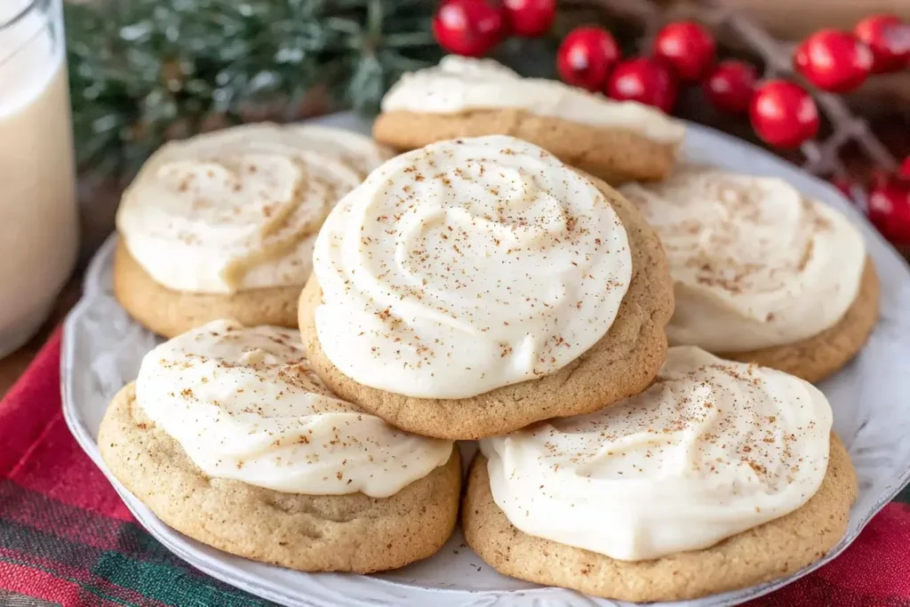 A plate of soft Eggnog Cookies topped with creamy eggnog frosting and a light sprinkle of nutmeg, styled with festive holiday decor in the background.
