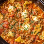 Crockpot Lasagna Soup simmering in a slow cooker with noodles, ground beef, herbs, and melted cheese.