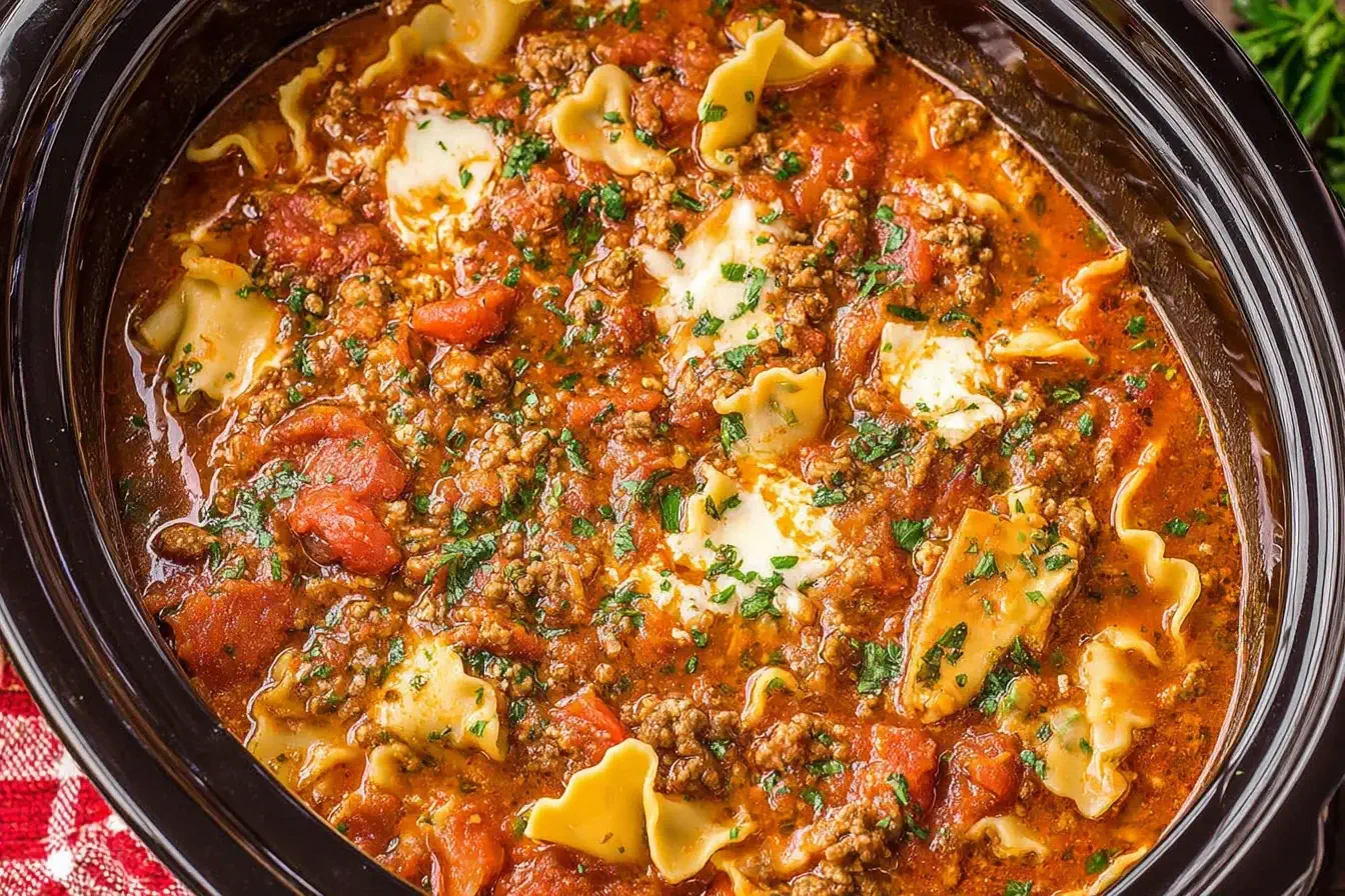 Crockpot Lasagna Soup simmering in a slow cooker with noodles, ground beef, herbs, and melted cheese.