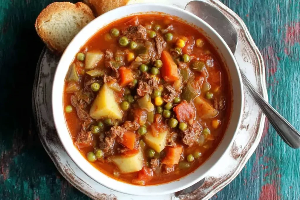 Old-Fashioned Vegetable Beef Soup served in a rustic bowl with tender beef, potatoes, peas, and carrots